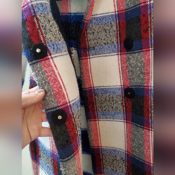 Endless Rose plaid wool blend pea coat in red, blue, black & white, S - Picture 3 of 10